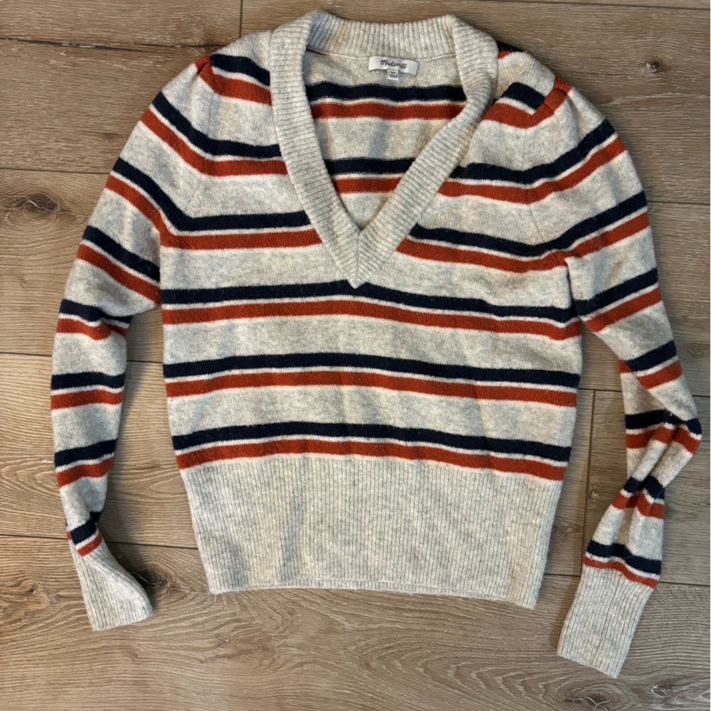 Madewell Cream Crewneck Sweater with Navy & Rust Stripes